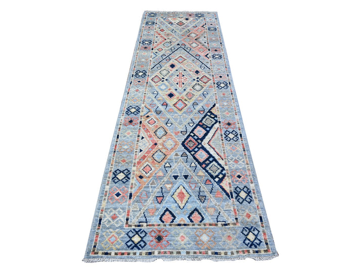 3'2" x 10'2" New Hand Knotted Blue Wool Runner Oriental Rug - MOA10288365