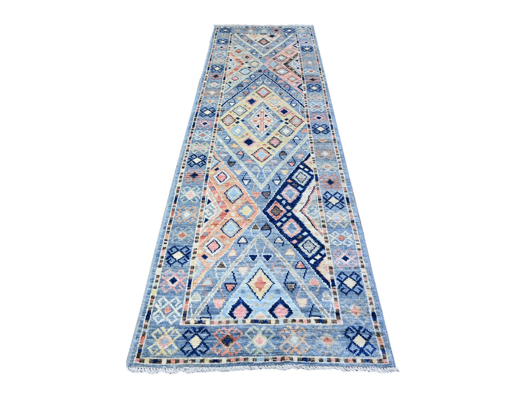 3'2" x 10'1" New Hand Knotted Blue Wool Runner Oriental Rug - MOA10288374