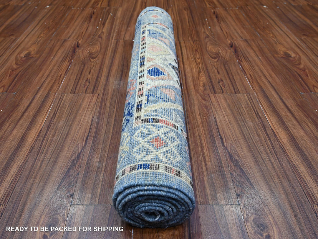 3'2" x 10'1" New Hand Knotted Blue Wool Runner Oriental Rug - MOA10288374