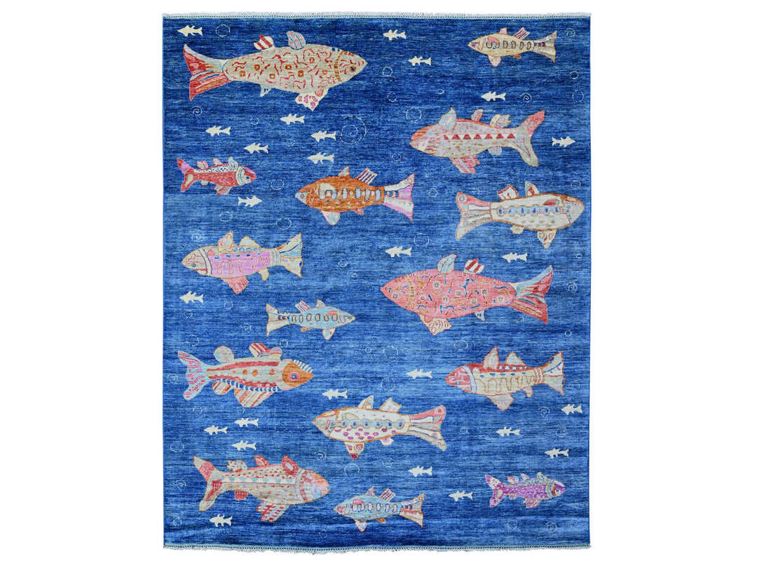 7'11" x 9'11" New Hand Knotted Blue Wool Rectangle Oriental Rug - MOA10288389