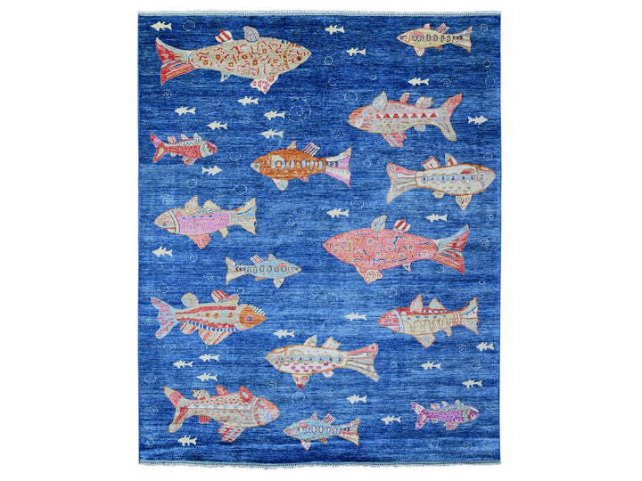 7'11" x 9'11" New Hand Knotted Blue Wool Rectangle Oriental Rug - MOA10288389