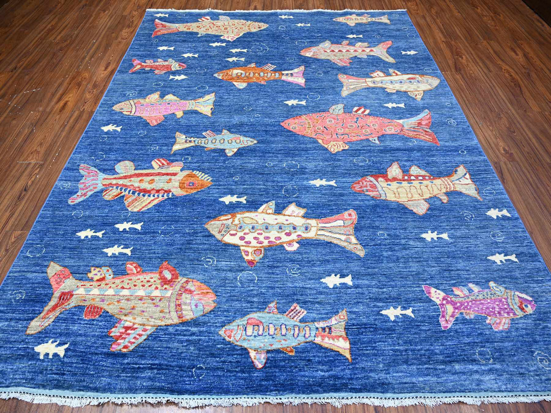 7'11" x 9'11" New Hand Knotted Blue Wool Rectangle Oriental Rug - MOA10288389