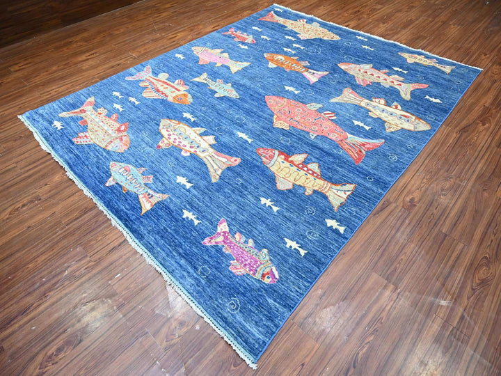 7'11" x 9'11" New Hand Knotted Blue Wool Rectangle Oriental Rug - MOA10288389