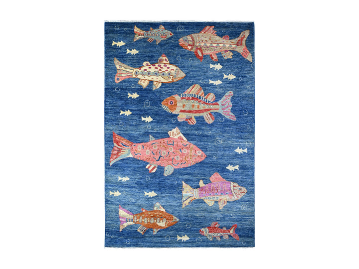 5'10" x 8'10" New Hand Knotted Blue Wool Rectangle Oriental Rug - MOA10288390