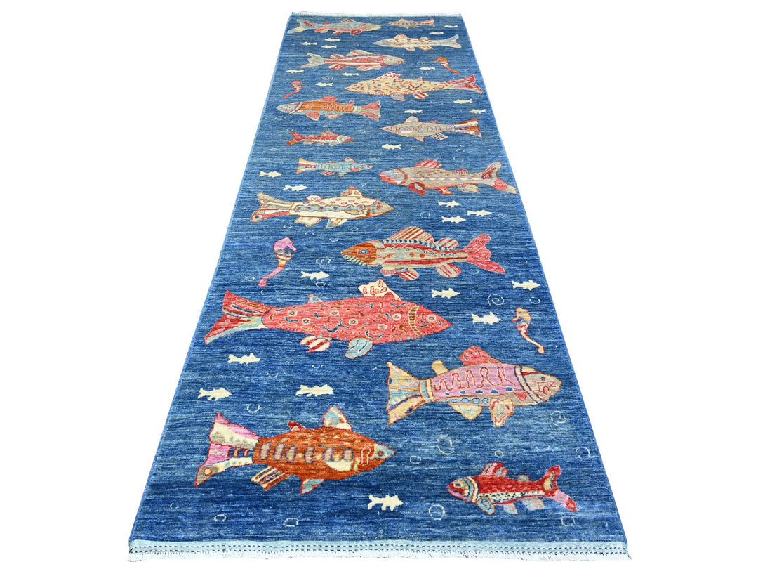 3'11" x 11'7" New Hand Knotted Blue Wool Runner Oriental Rug - MOA10288391