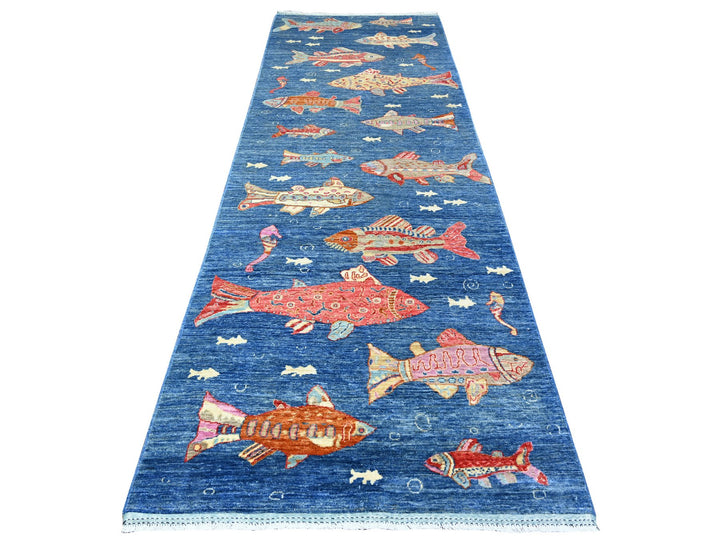 3'11" x 11'7" New Hand Knotted Blue Wool Runner Oriental Rug - MOA10288391