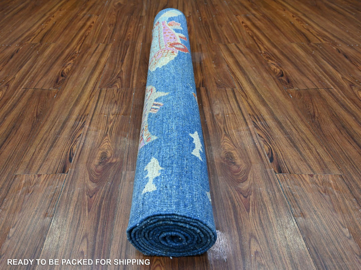 3'11" x 11'7" New Hand Knotted Blue Wool Runner Oriental Rug - MOA10288391