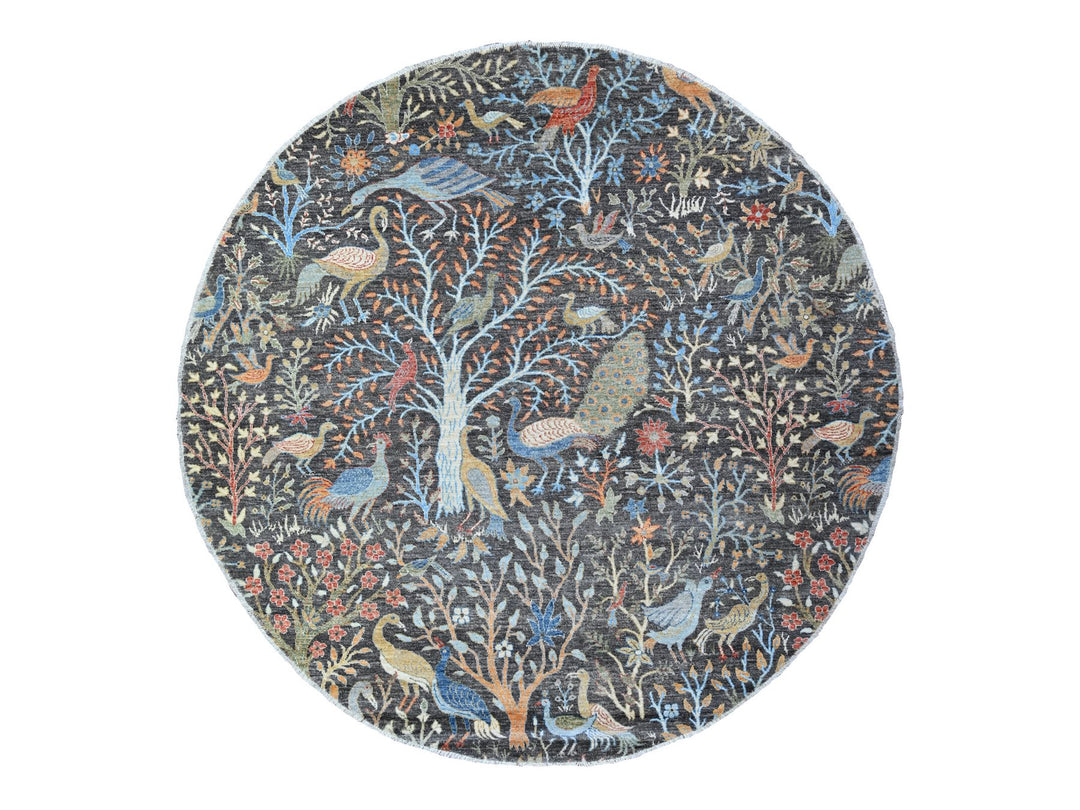 7'11" x 8'2" New Hand Knotted Grey Wool Round Oriental Rug - MOA10288414