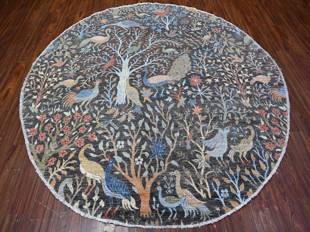 7'11" x 8'2" New Hand Knotted Grey Wool Round Oriental Rug - MOA10288414