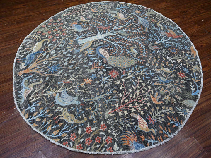 7'11" x 8'2" New Hand Knotted Grey Wool Round Oriental Rug - MOA10288414