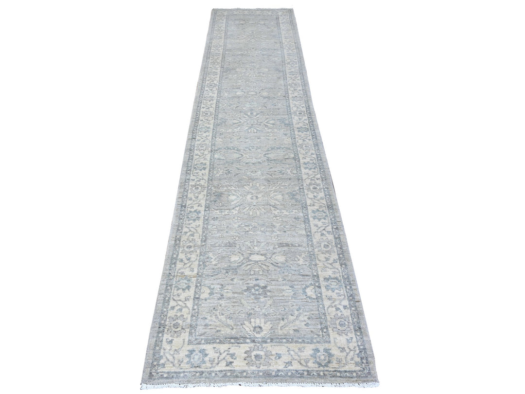 2'8" x 11'10" New Hand Knotted Grey Wool Runner Oriental Rug - MOA10288536