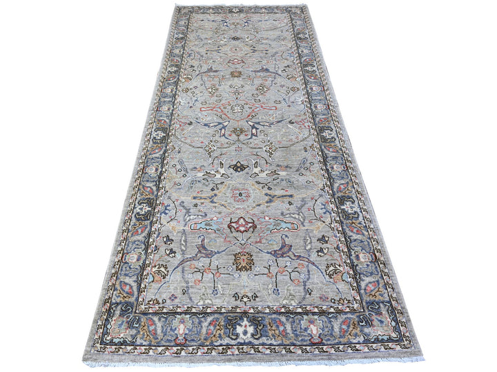 3'10" x 9'10" New Hand Knotted Grey Wool Runner Oriental Rug - MOA10288619