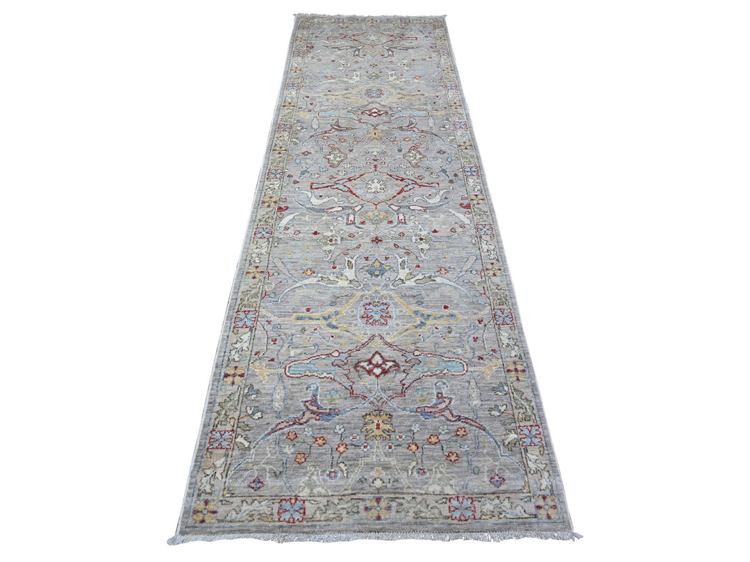 3'1" x 9'11" New Hand Knotted Grey Wool Runner Oriental Rug - MOA10288624
