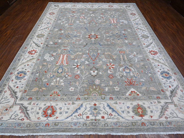9'2" x 11'10" New Hand Knotted Grey Wool Rectangle Oriental Rug - MOA10288643