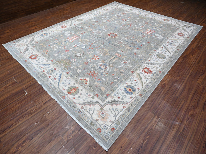 9'2" x 11'10" New Hand Knotted Grey Wool Rectangle Oriental Rug - MOA10288643