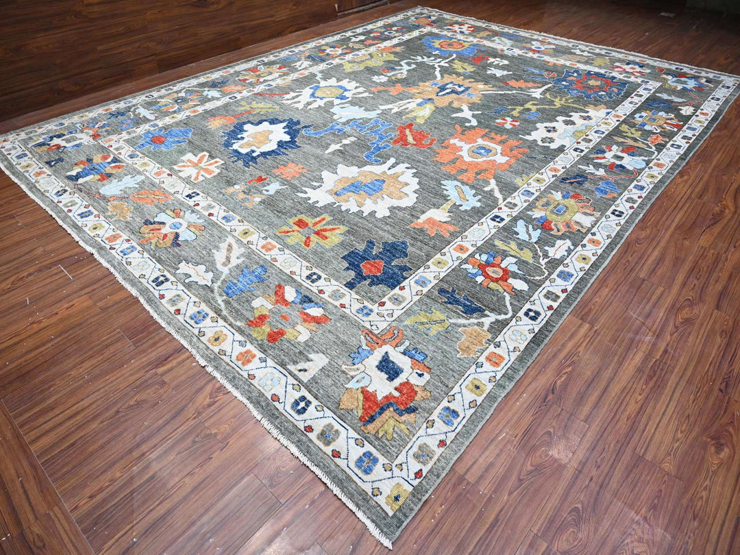 12'1" x 15'11" New Hand Knotted Grey Wool Rectangle Oriental Rug - MOA10288702