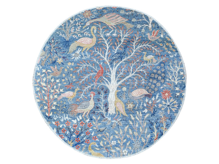 6'1" x 6'2" New Hand Knotted Blue Wool Round Oriental Rug - MOA10288717