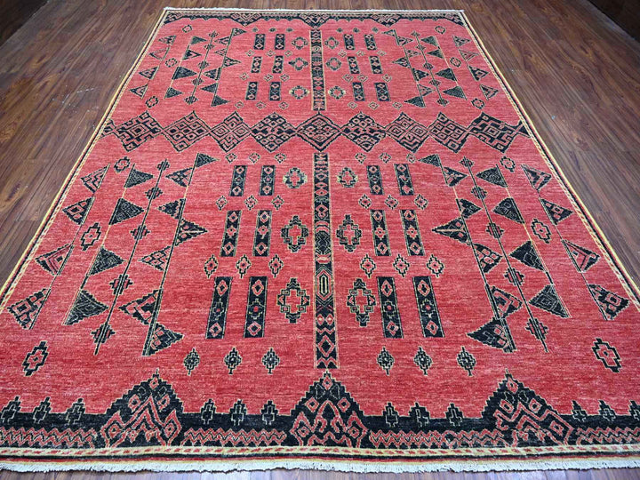 8'7" x 11'3" New Hand Knotted Red Wool Rectangle Oriental Rug - MOA10288750