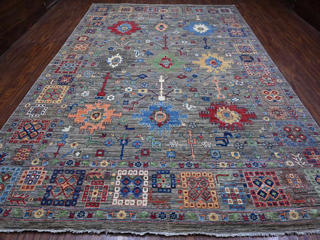 9'11" x 14'0" New Hand Knotted Grey Wool Rectangle Oriental Rug - MOA10288813