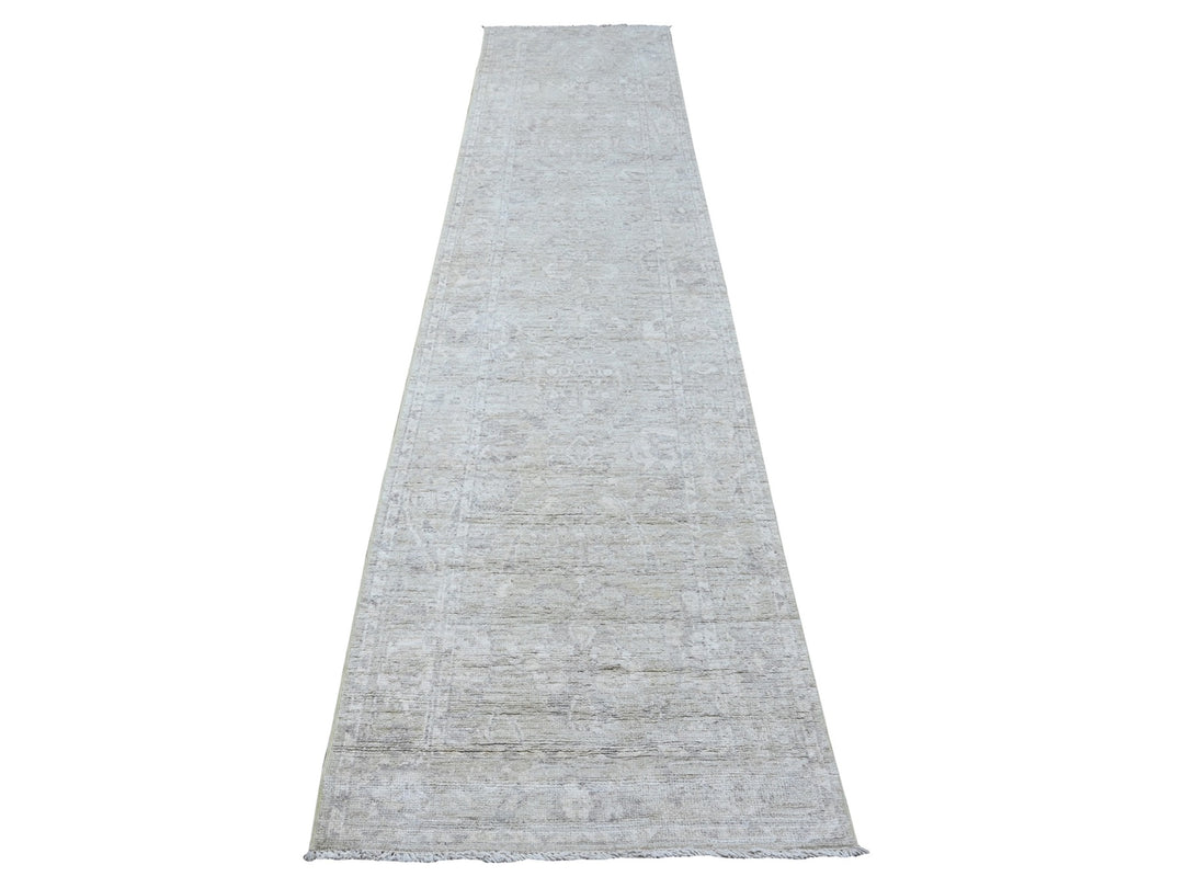 2'9" x 11'9" New Hand Knotted Grey Wool Runner Oriental Rug - MOA10288817