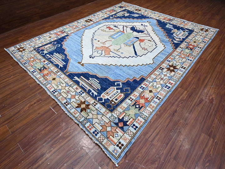 9'1" x 11'4" New Hand Knotted Blue Wool Rectangle Oriental Rug - MOA10288841