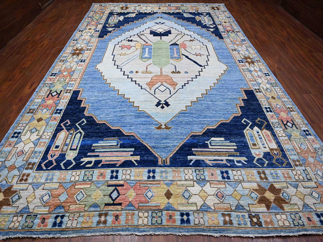 9'5" x 14'7" New Hand Knotted Blue Wool Rectangle Oriental Rug - MOA10288843