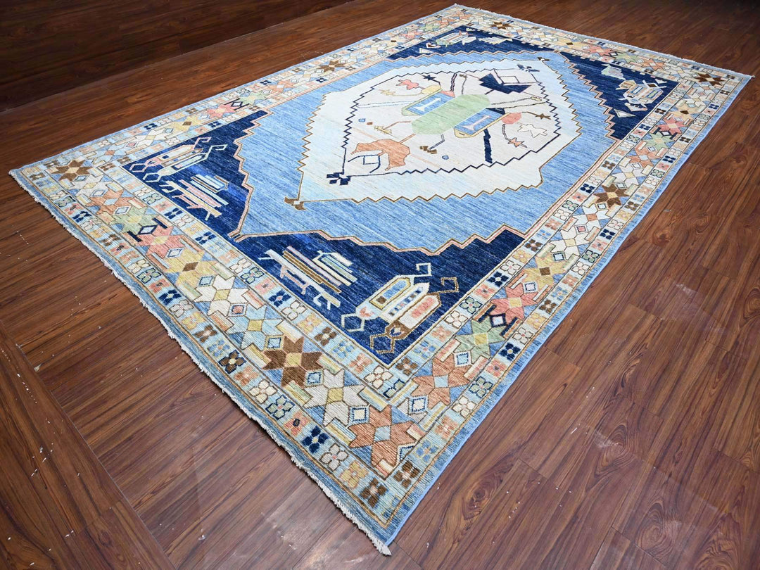 9'5" x 14'7" New Hand Knotted Blue Wool Rectangle Oriental Rug - MOA10288843