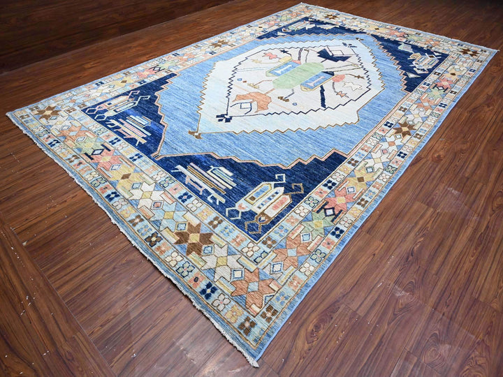9'5" x 14'7" New Hand Knotted Blue Wool Rectangle Oriental Rug - MOA10288843