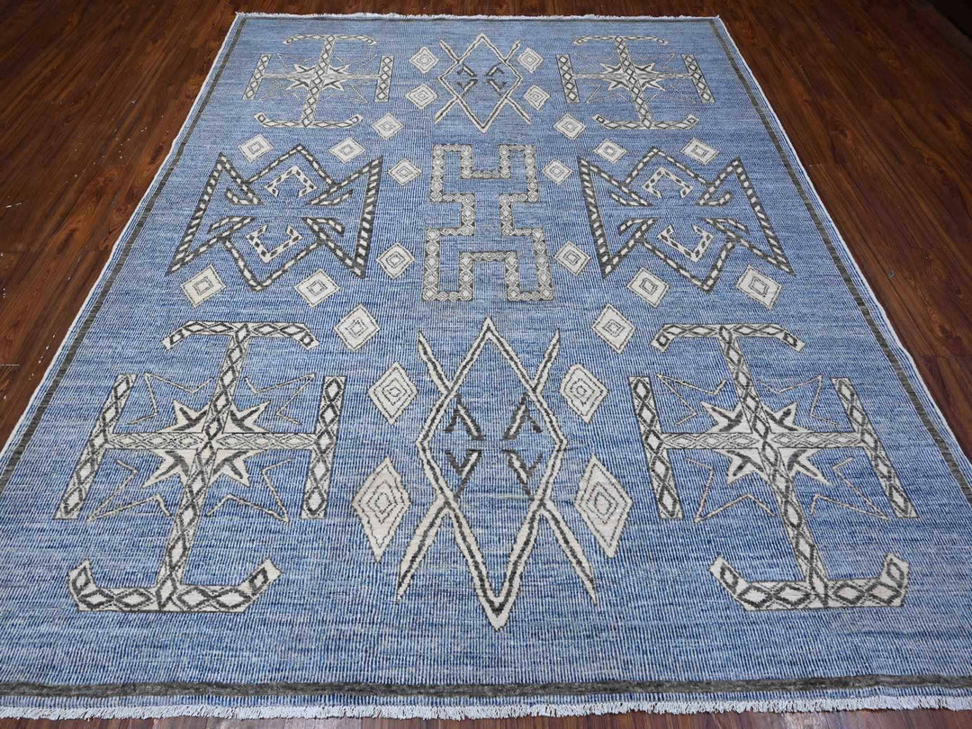 8'0" x 9'8" New Hand Knotted Blue Wool Rectangle Oriental Rug - MOA10288871