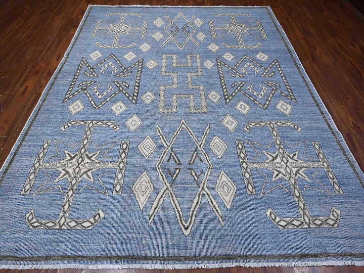 8'0" x 9'8" New Hand Knotted Blue Wool Rectangle Oriental Rug - MOA10288871