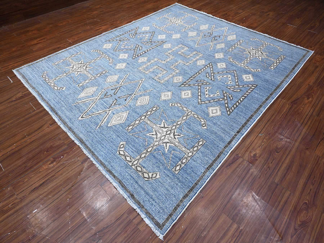 8'0" x 9'8" New Hand Knotted Blue Wool Rectangle Oriental Rug - MOA10288871