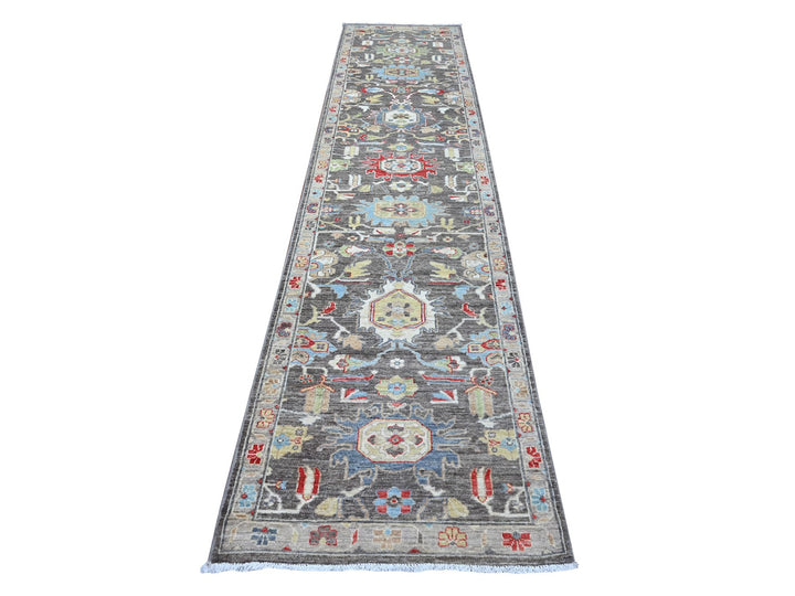2'10" x 12'5" New Hand Knotted Black Wool Runner Oriental Rug - MOA10288887