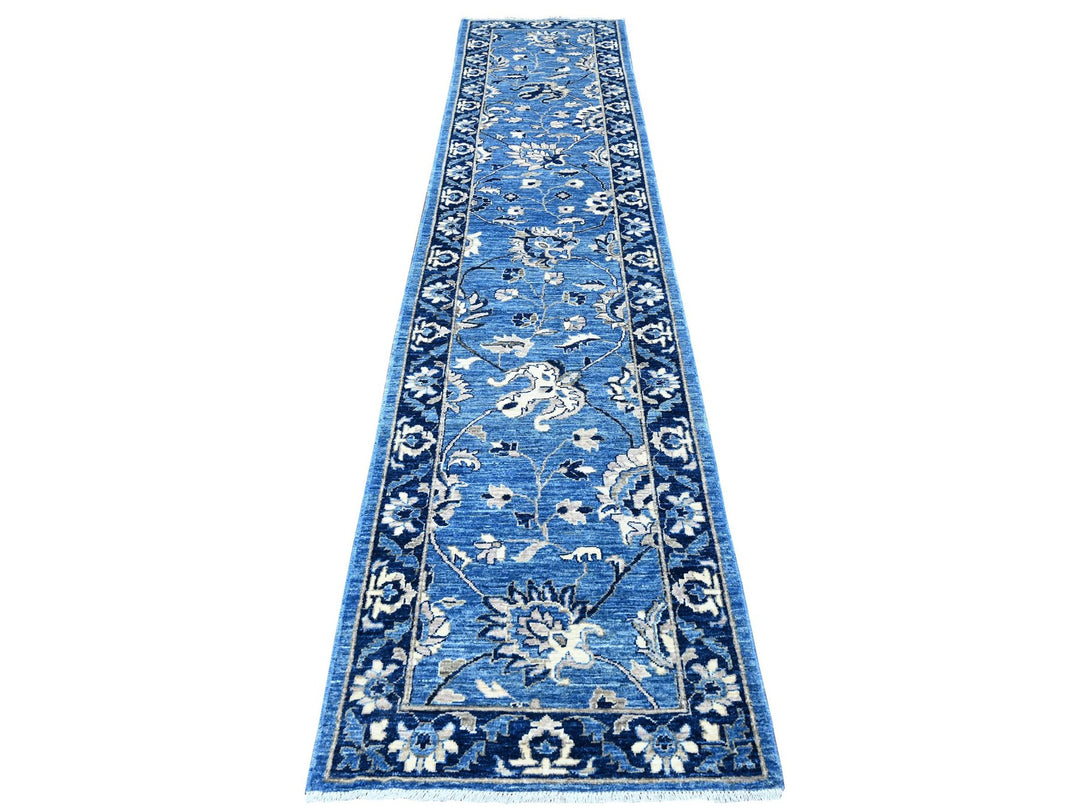2'7" x 12'1" New Hand Knotted Blue Wool Runner Oriental Rug - MOA10288891