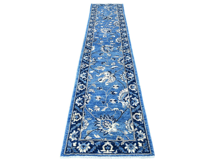 2'7" x 12'1" New Hand Knotted Blue Wool Runner Oriental Rug - MOA10288891