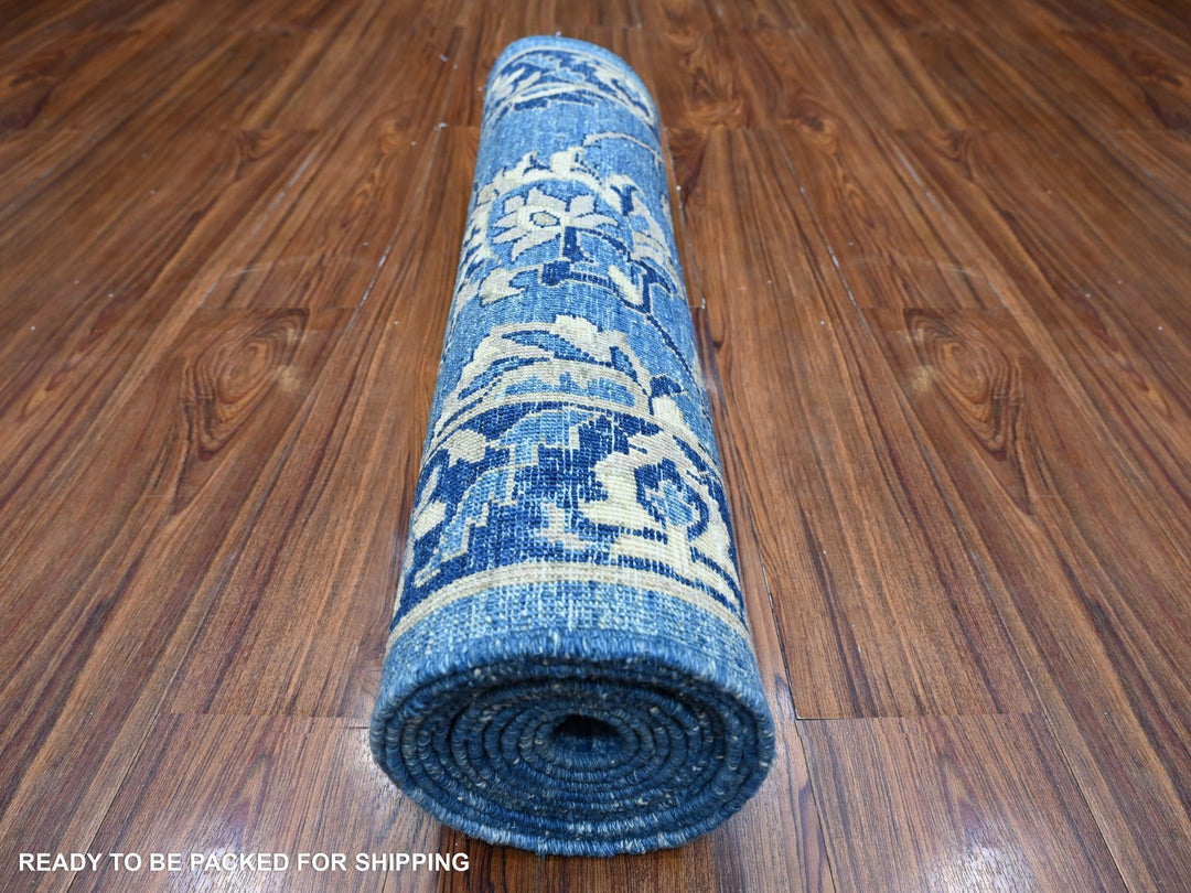 2'7" x 12'1" New Hand Knotted Blue Wool Runner Oriental Rug - MOA10288891