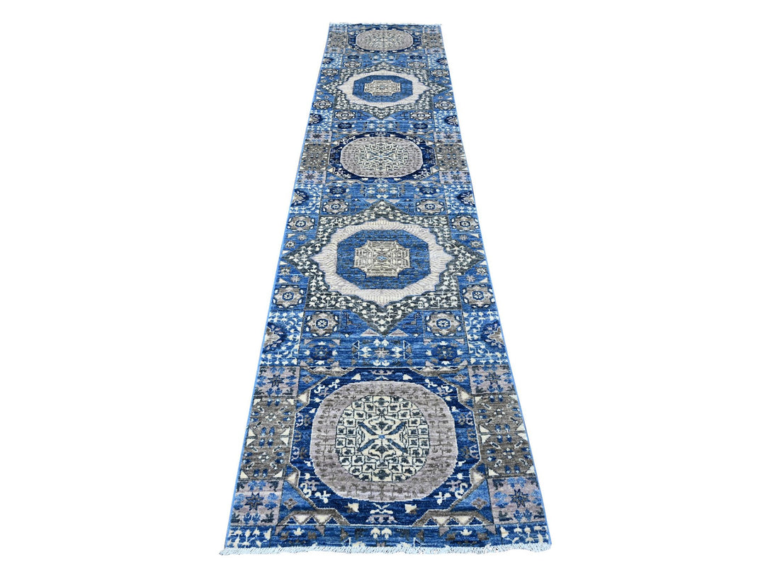 2'7" x 11'9" New Hand Knotted Blue Wool Runner Oriental Rug - MOA10288892