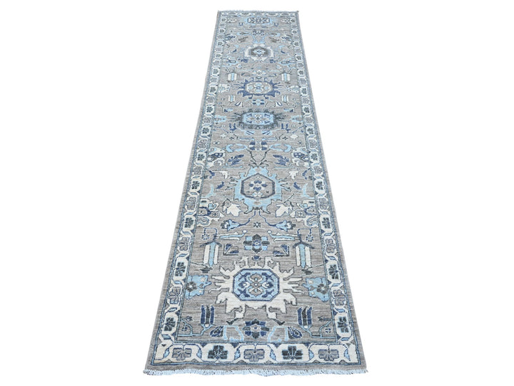 2'5" x 10'8" New Hand Knotted Grey Wool Runner Oriental Rug - MOA10288899