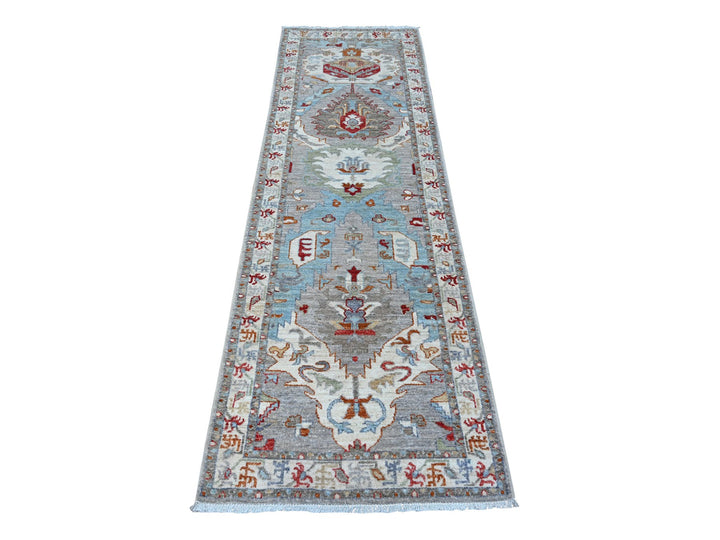 2'5" x 7'8" New Hand Knotted Grey Wool Runner Oriental Rug - MOA10288901