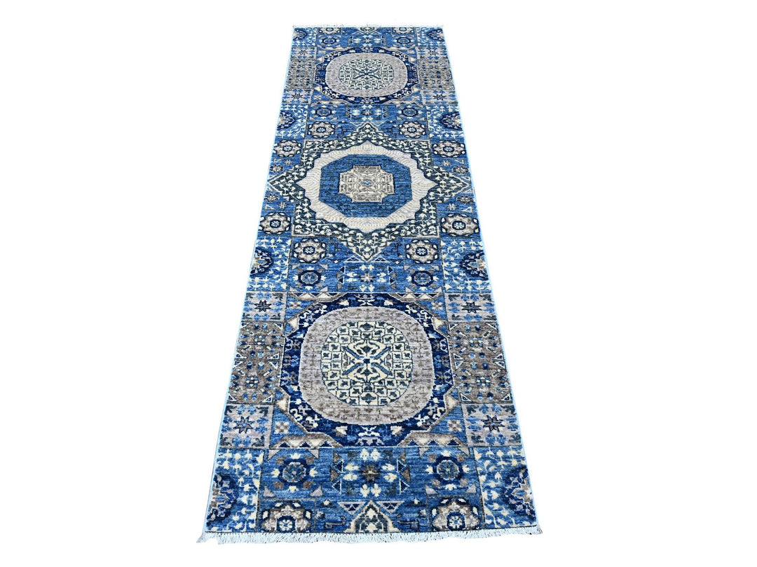 2'6" x 7'11" New Hand Knotted Blue Wool Runner Oriental Rug - MOA10288907