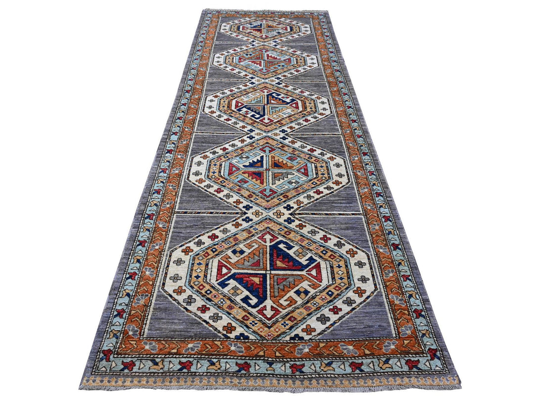 4'1" x 11'9" New Hand Knotted Grey Wool Runner Oriental Rug - MOA10288927
