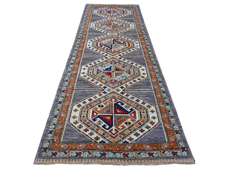 4'1" x 11'9" New Hand Knotted Grey Wool Runner Oriental Rug - MOA10288927