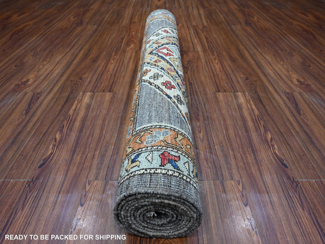 4'1" x 11'9" New Hand Knotted Grey Wool Runner Oriental Rug - MOA10288927