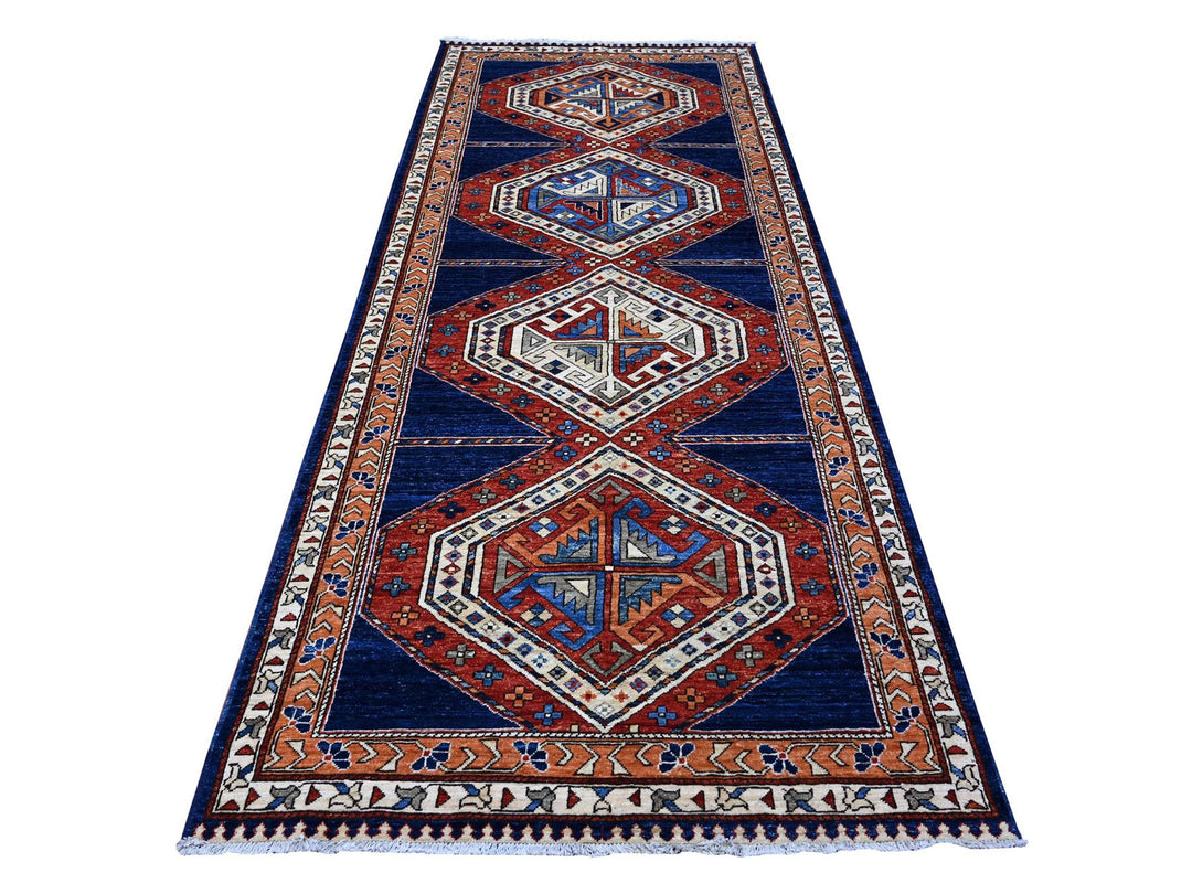 4'3" x 10'5" New Hand Knotted Blue Wool Runner Oriental Rug - MOA10288928