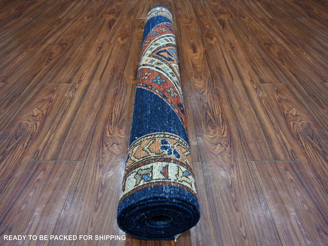 4'3" x 10'5" New Hand Knotted Blue Wool Runner Oriental Rug - MOA10288928