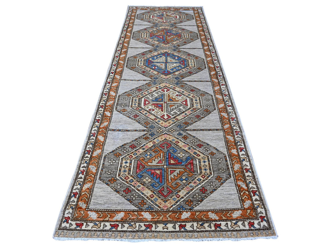 3'11" x 11'6" New Hand Knotted Grey Wool Runner Oriental Rug - MOA10288929