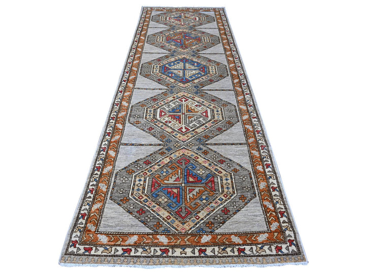 3'11" x 11'6" New Hand Knotted Grey Wool Runner Oriental Rug - MOA10288929