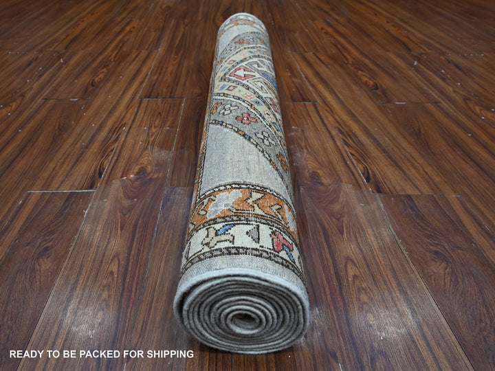 3'11" x 11'6" New Hand Knotted Grey Wool Runner Oriental Rug - MOA10288929