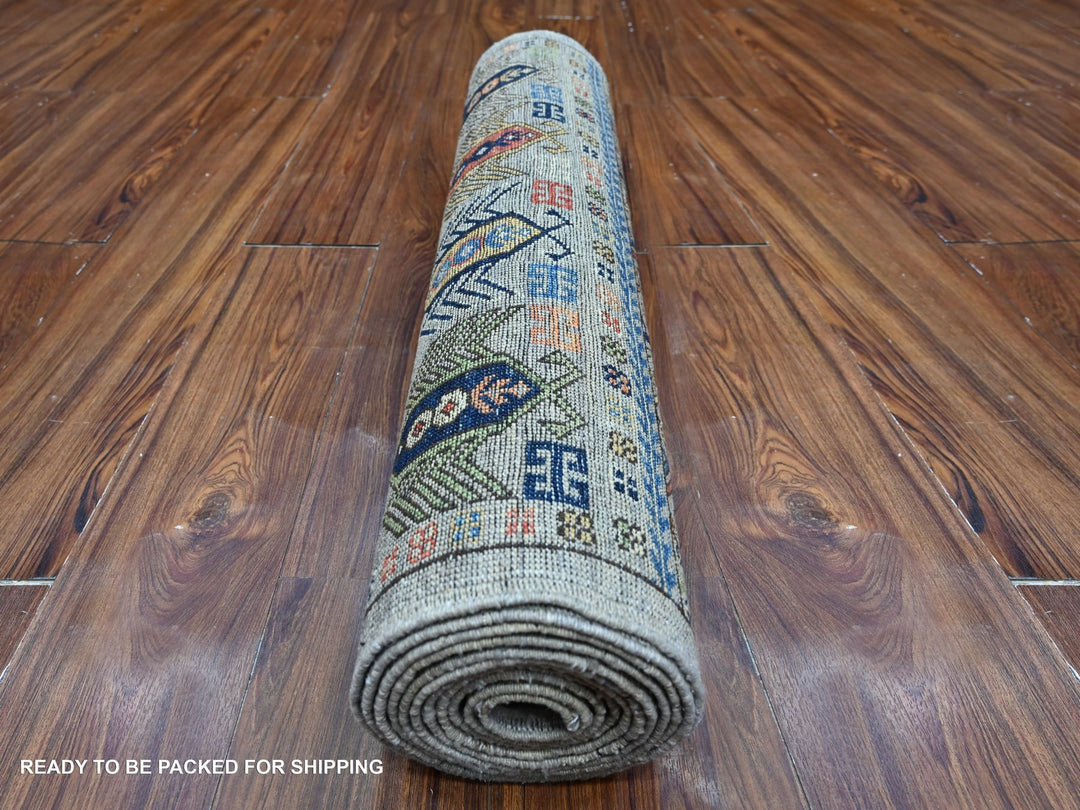 2'8" x 11'10" New Hand Knotted Grey Wool Runner Oriental Rug - MOA10288931