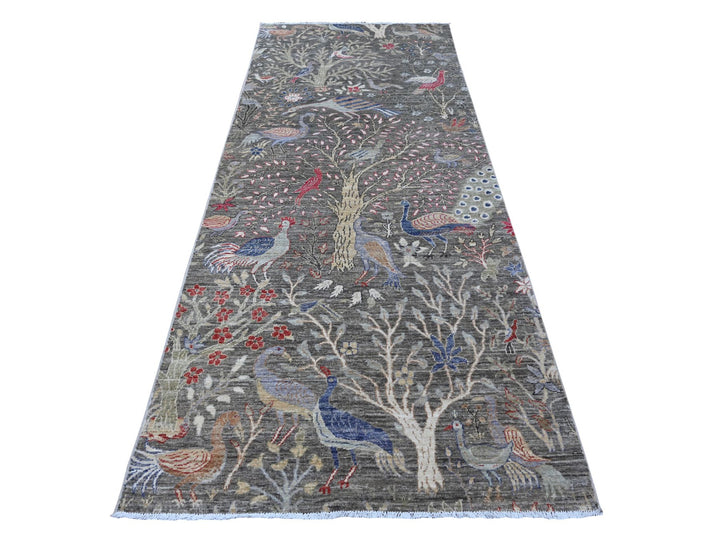 3'11" x 9'8" New Hand Knotted Grey Wool Runner Oriental Rug - MOA10288996
