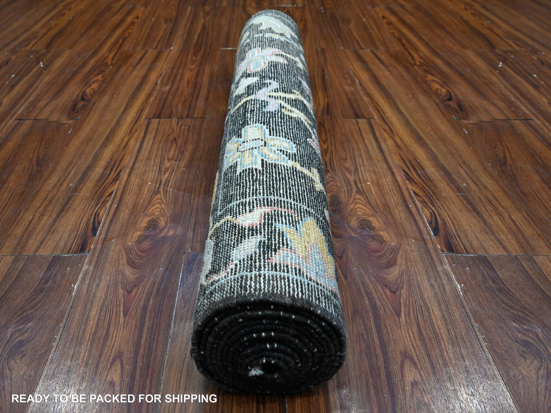 3'1" x 11'6" New Hand Knotted Black Wool Runner Oriental Rug - MOA10289017